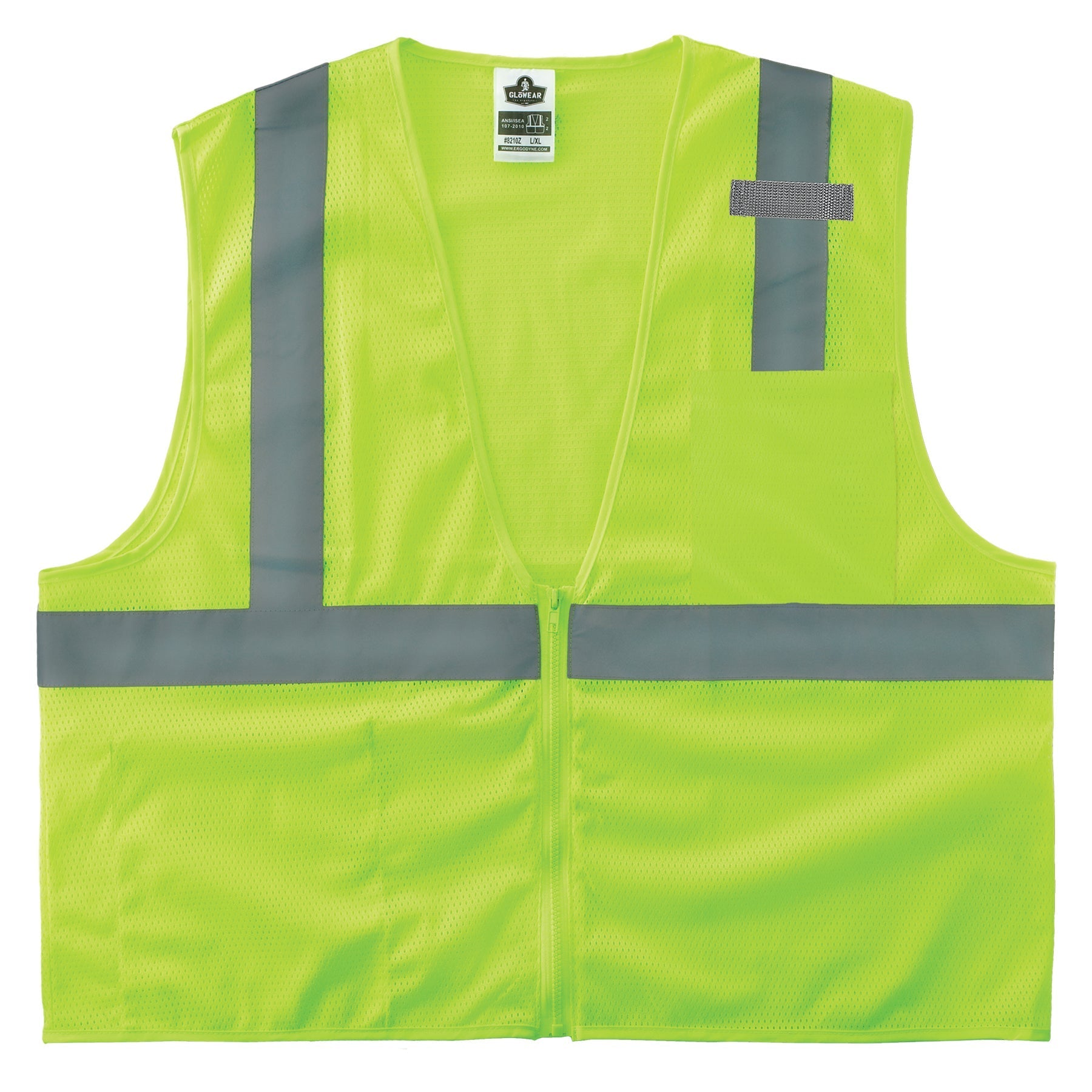 Ergodyne GloWear 8210Z mesh hi-vis safety vest in lime, Type R Class 2, front view with zipper closure