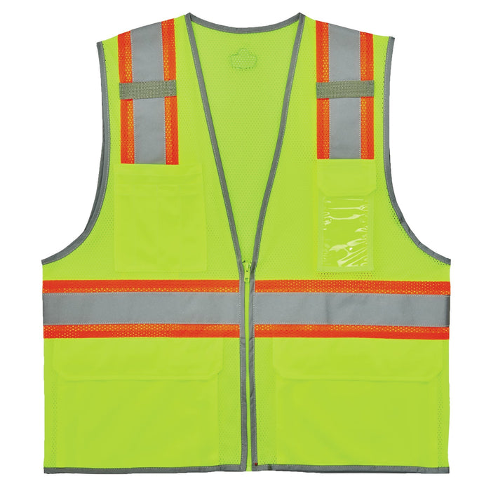 Ergodyne GloWear 8246Z-S Class 2 two-tone lime mesh hi-vis safety vest, front view with zipper closure