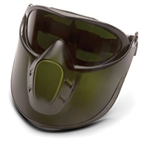 Pyramex GG504TSHIELDIR5 Capstone Shield IR5 safety goggle with green-tinted flip-up polycarbonate face shield and ratchet headgear