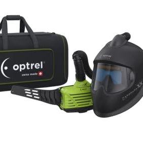 Optrel CLT black welding helmet paired with the e3000X belt-mounted PAPR blower