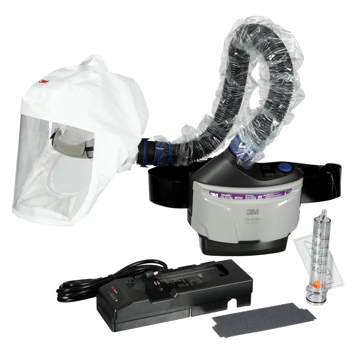 3M Versaflo TR-300N+HKL Healthcare PAPR Kit with large loose-fitting headcover, breathing tube, and belt-mounted blower