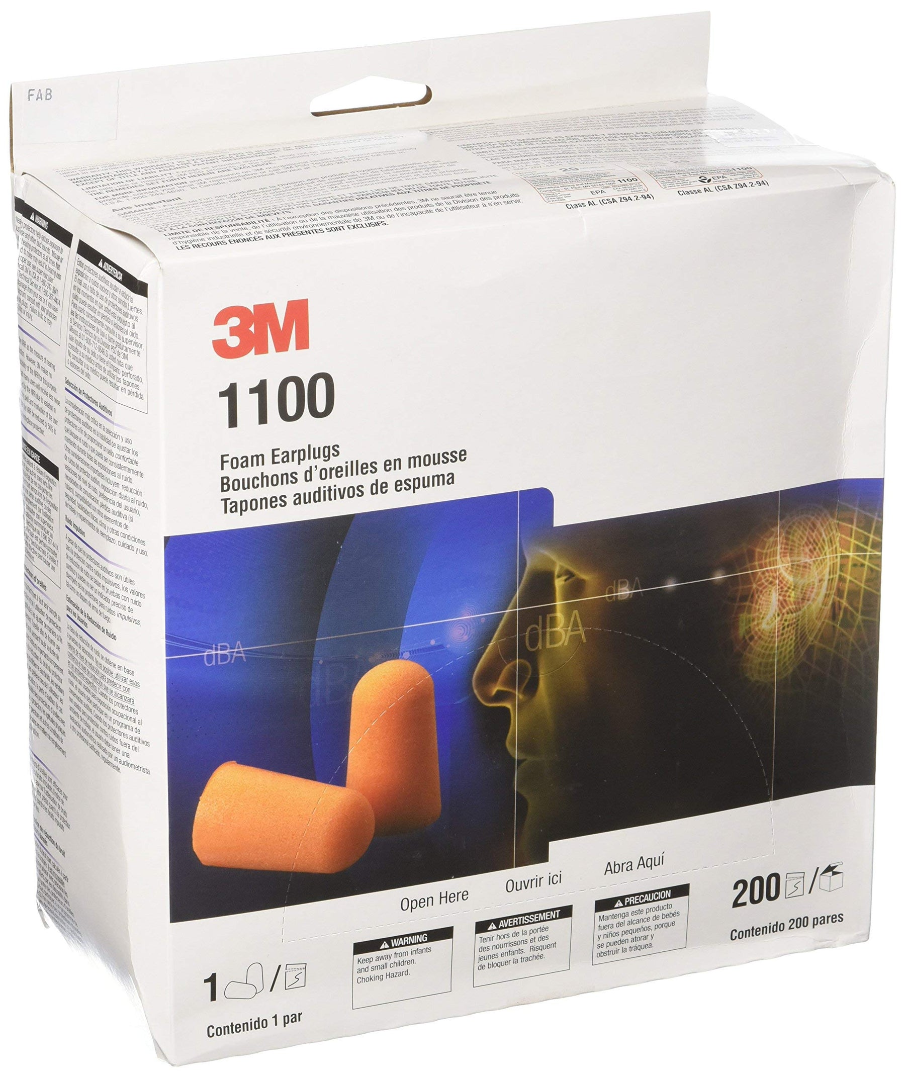 3M 1100 Foam Ear Plugs, Cordless (Uncorded) - NRR 29, 200-Pair Box product photo