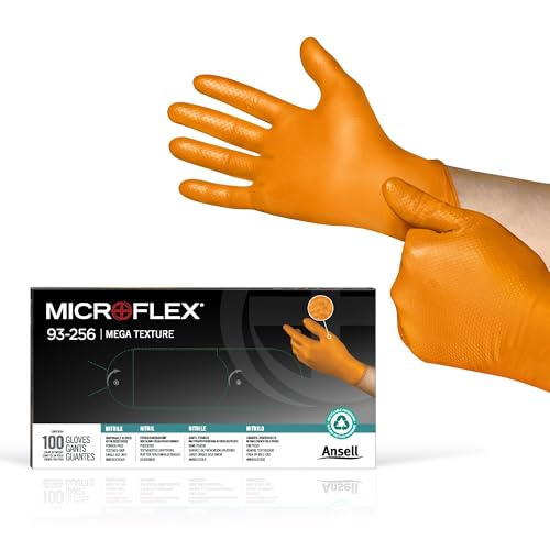 Ansell Microflex 93-256 Mega Texture Nitrile Gloves — Orange, Full-Texture Grip, Box of 100 product photo