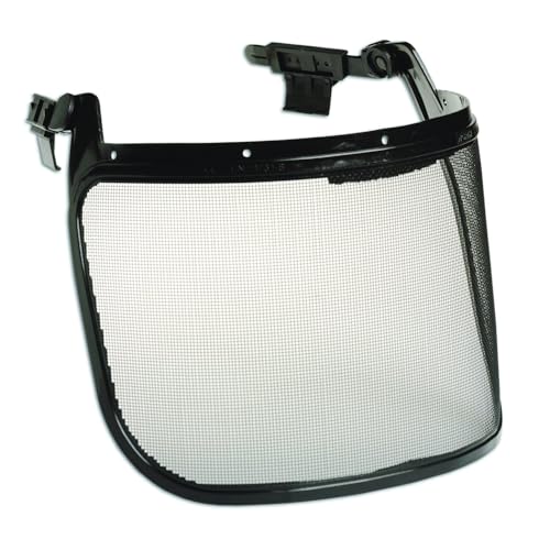 Honeywell North FS03-H5 Uvex black metal face shield, front view of optical-grade hard-coated window