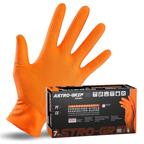 SAS Astro-Grip 7 Mil Nitrile Gloves — Dual-Sided 3D Cube Grip, Hi-Vis Orange, Box of 100 product photo