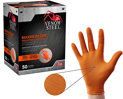 Venom Steel 8 Mil Orange Nitrile Gloves — Max Grip Diamond Texture, Hi-Vis, 50 Count product photo