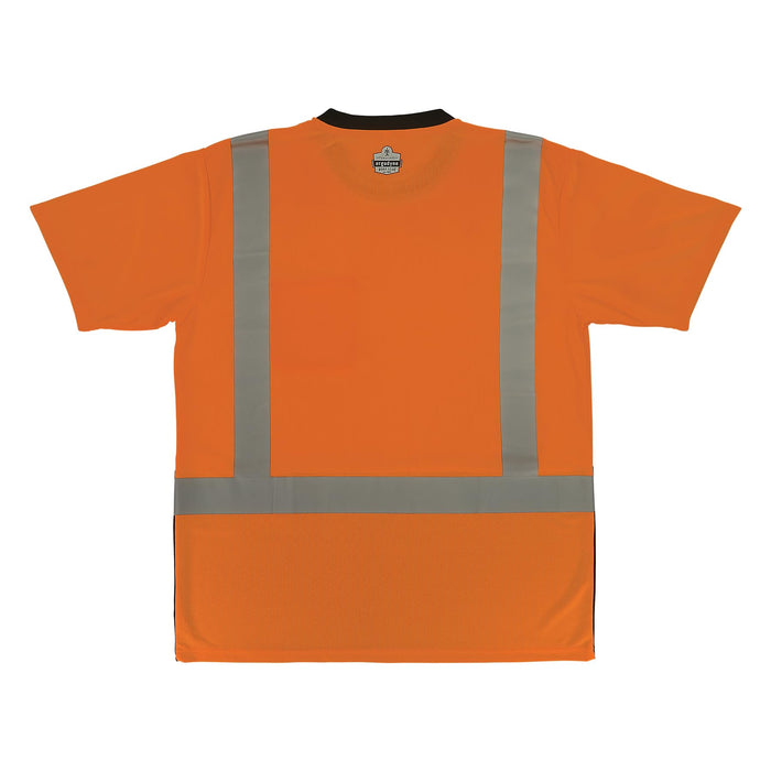 Ergodyne GloWear 8286BKO Class 2 short-sleeve hi-vis safety shirt in fluorescent orange with black accent panels, front view