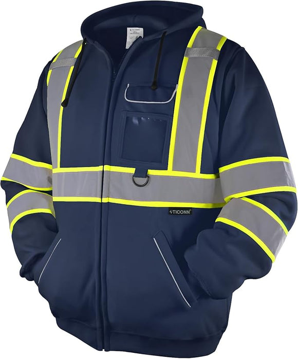 TICONN TICONN-1903 fluorescent yellow-lime Class 3 fleece full-zip hi-vis hoodie jacket, front view