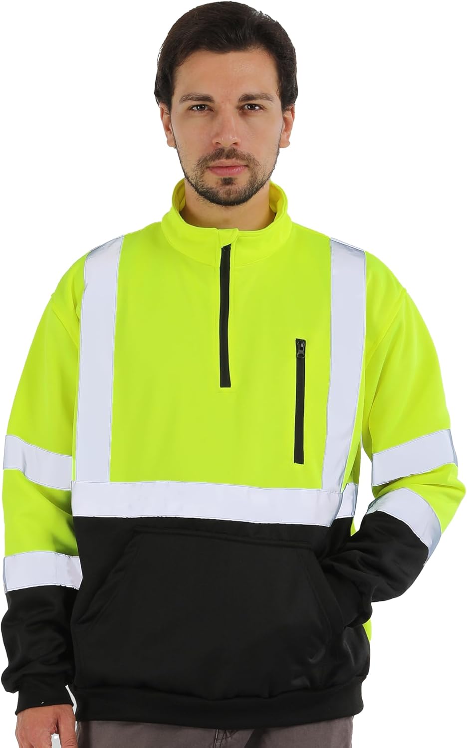 Sesafety B0D2XQYCX7 Class 3 hi-vis quarter-zip sweatshirt in fluorescent lime yellow, front view