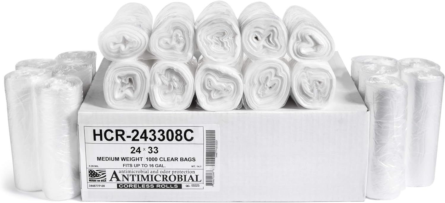 Aluf Plastics 16 Gallon High Density Can Liners, 8 Micron, Clear, 24 x 33 in, 1000 Count product photo