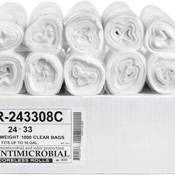 Aluf Plastics 16 Gallon High Density Can Liners, 8 Micron, Clear, 24 x 33 in, 1000 Count product photo
