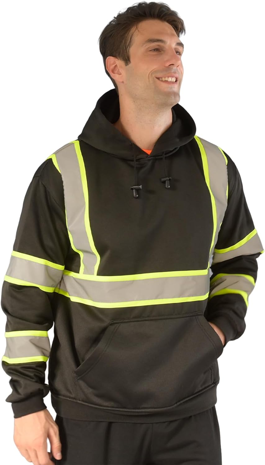 Sesafety B0CBZ7WBBT Class 3 hi-vis pullover hoodie in fluorescent lime with black trim and retroreflective tape