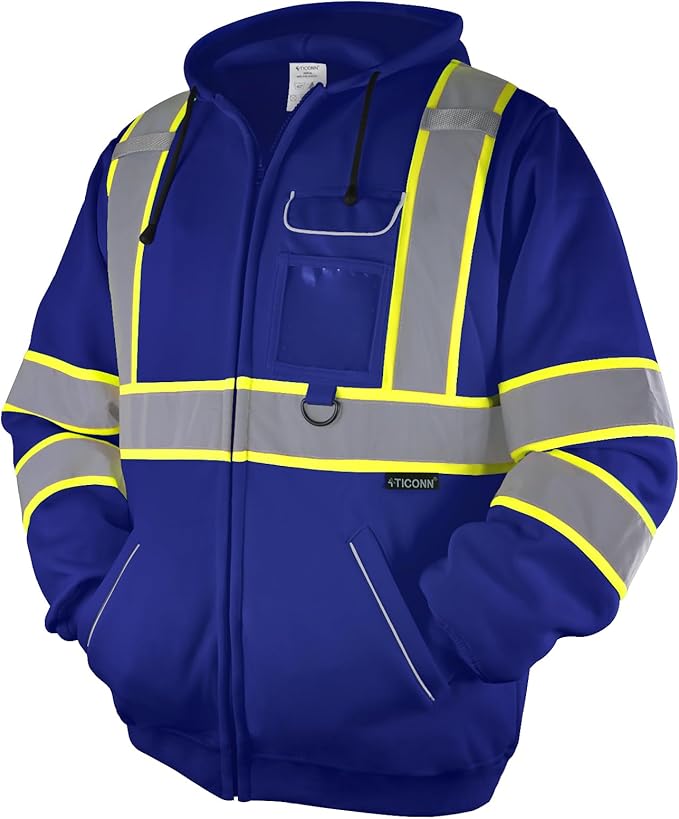 TICONN TICONN-1497 hi-vis safety sweatshirt hoodie in blue with retroreflective tape, front view