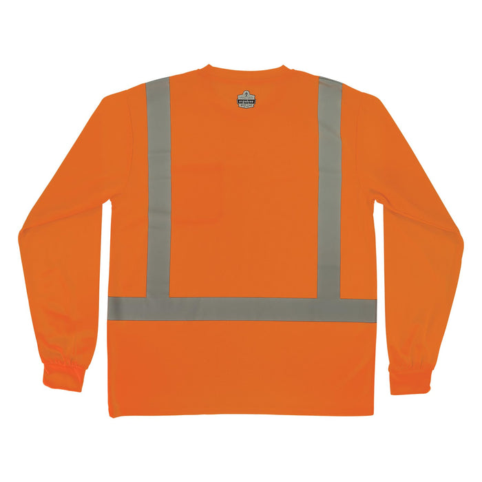 Ergodyne GloWear 8284O Type R Class 2 long-sleeve hi-vis safety shirt in fluorescent orange-red with retroreflective striping, front view