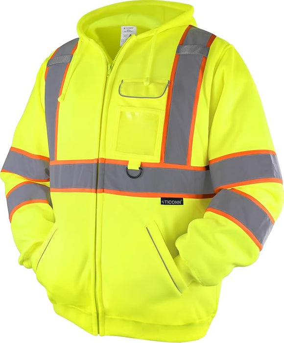 TICONN TICONN-1479 fluorescent yellow-lime Class 3 hi-vis safety sweatshirt hoodie, front view