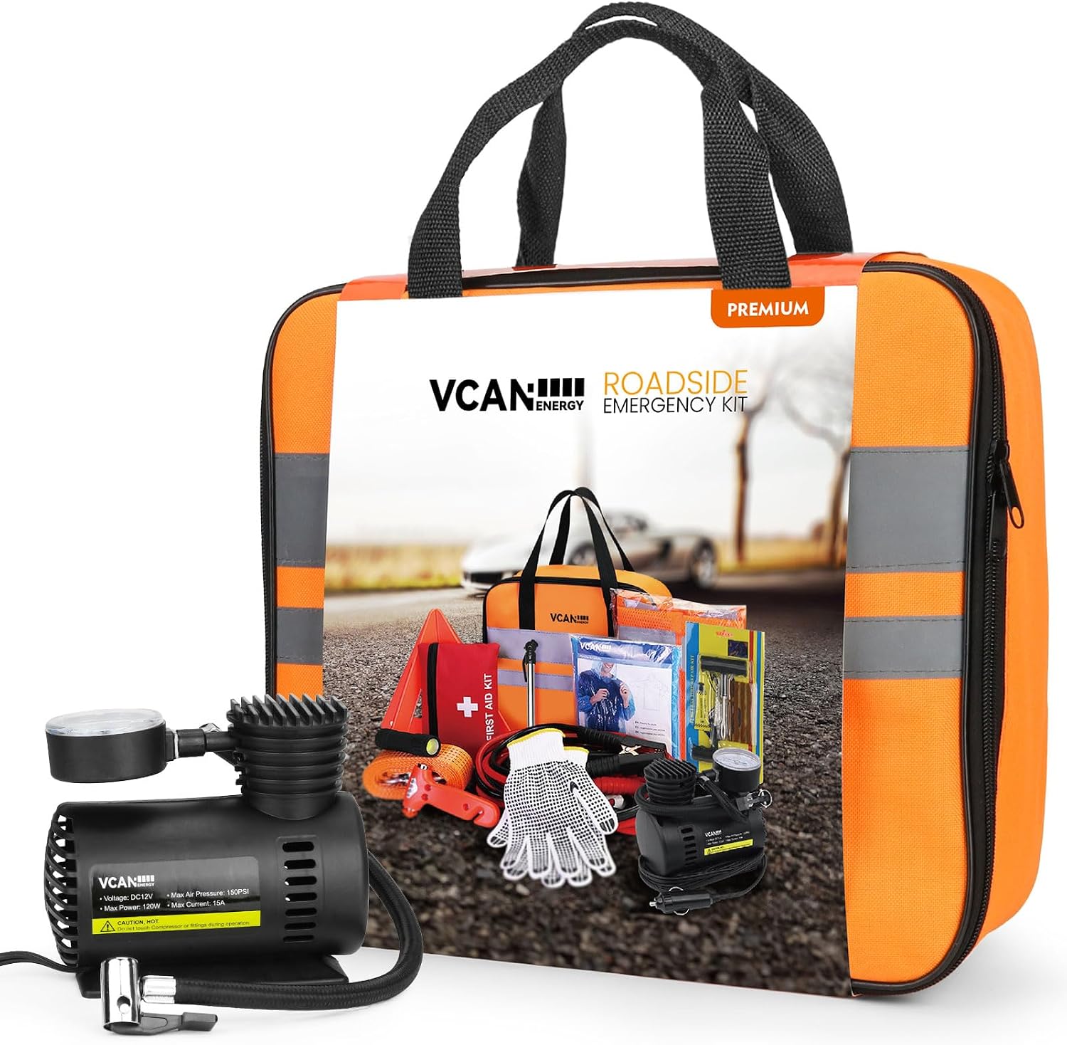 VCANENERGY Car Emergency Safety Kit Bag with Portable Air Compressor product photo