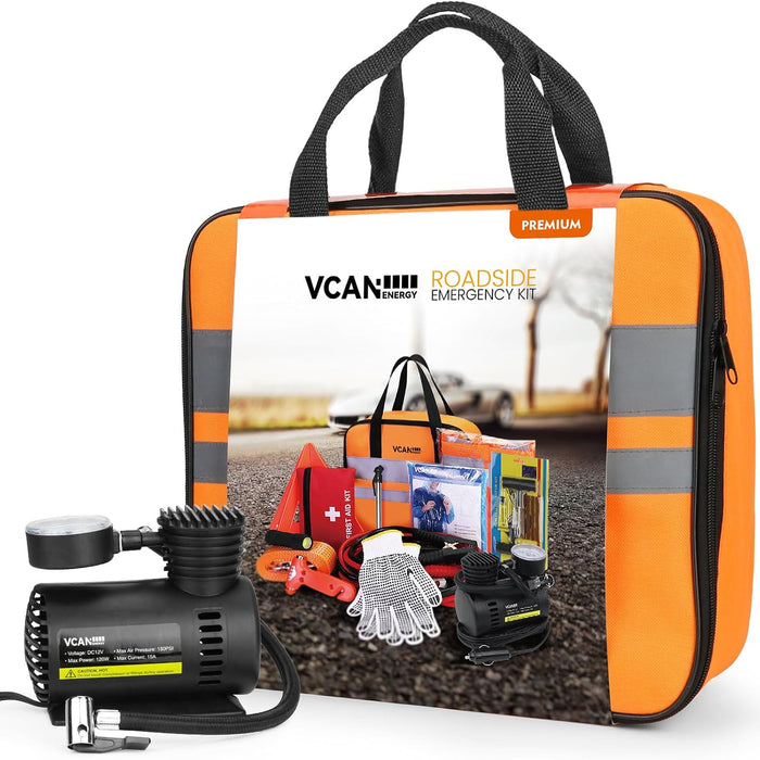 VCANENERGY Car Emergency Safety Kit Bag with Portable Air Compressor product photo