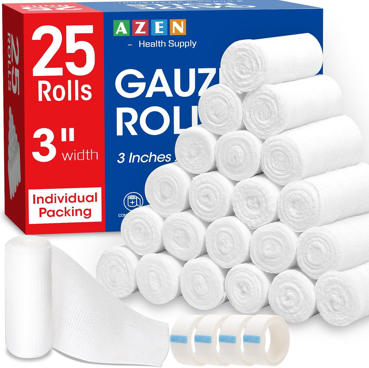 AZEN 25 Pack Gauze Rolls Bandages, 3 in x 4.1 Yards product photo
