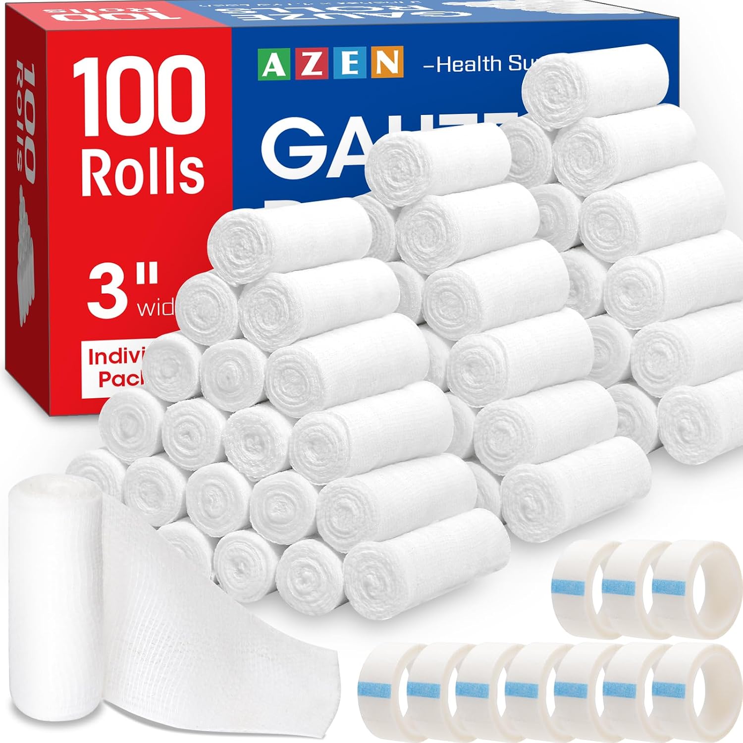 AZEN 100 Pack Gauze Rolls Bandages, 3 in x 4.1 Yards product photo
