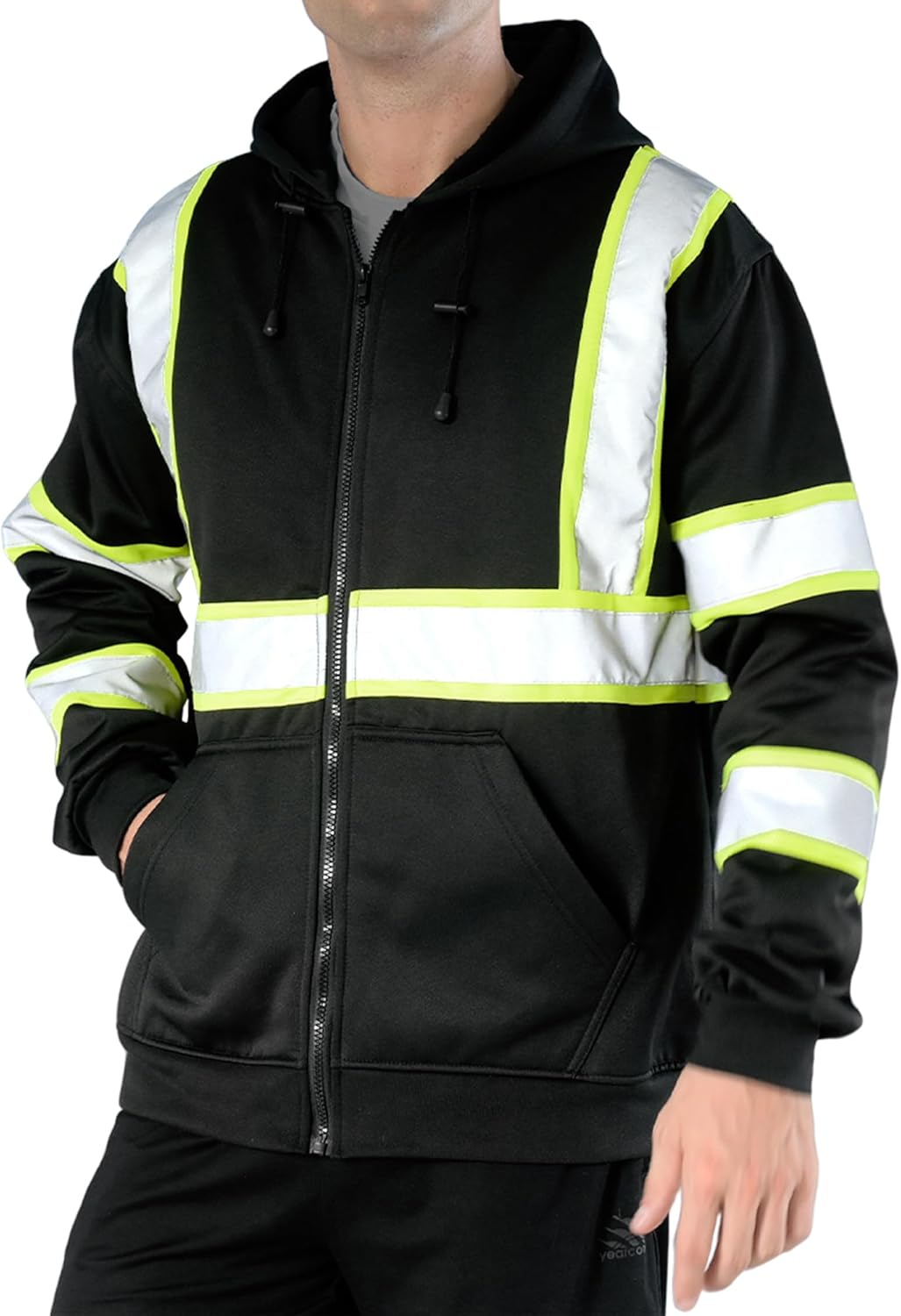 Sesafety B0CBZ96NZ3 Class 3 hi-vis full-zip hoodie in fluorescent yellow-green with black trim panels and retroreflective tape