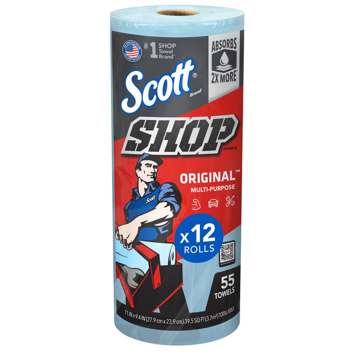 Scott 75147 Shop Towels Original, Blue, 9.4 x 11 in, 55 Sheets per Roll, 12 Rolls product photo