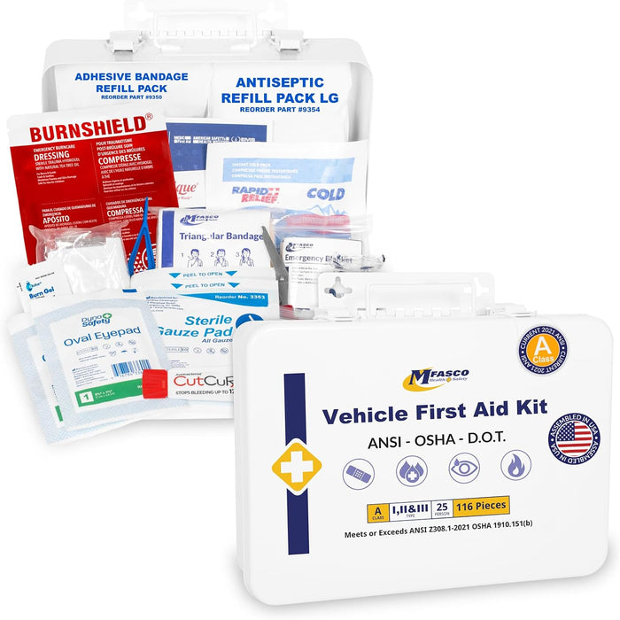MFASCO Vehicle First Aid Kit Metal Case — ANSI Z308.1 Class A, 115+ Pieces (MVFAKM-STD) product photo