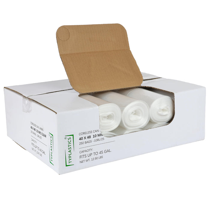 TYPLASTICS 40-45 Gallon High Density Can Liners, Clear, 40 x 48 in, Case of 250 product photo