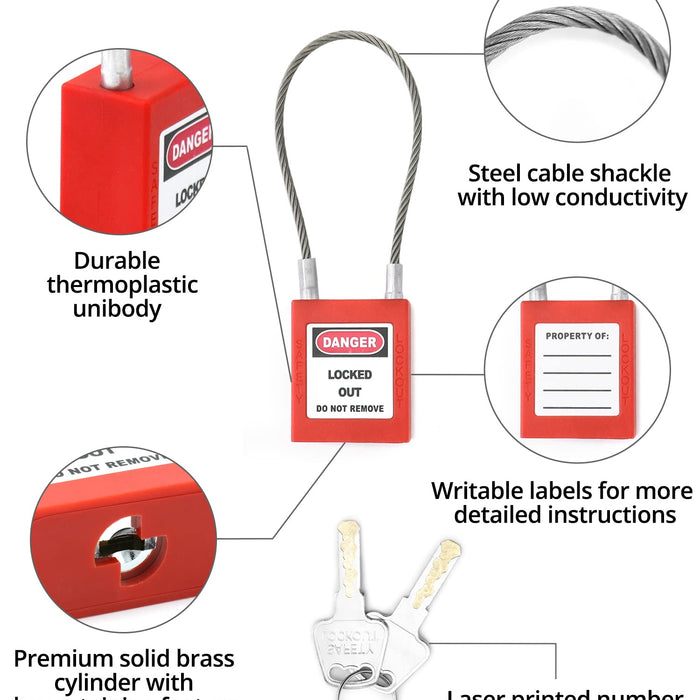 QWORK QS8899 LOTO cable locks, 4-pack steel with adjustable cable and keys