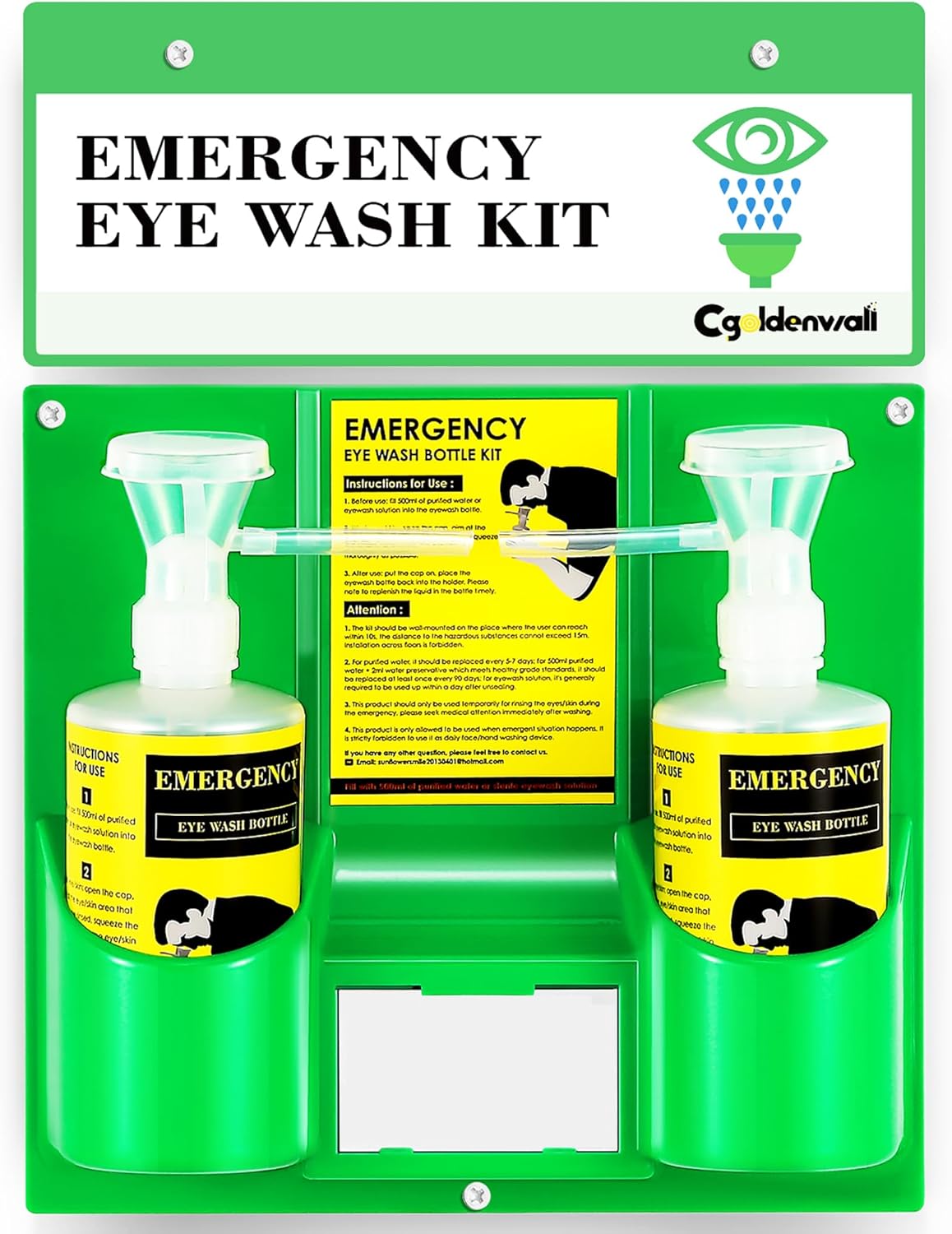 CGOLDENWALL Portable Eye Wash Station — Wall-Mount Personal Eyewash, 2x16.9oz Bottles (Solution Not Included) product photo