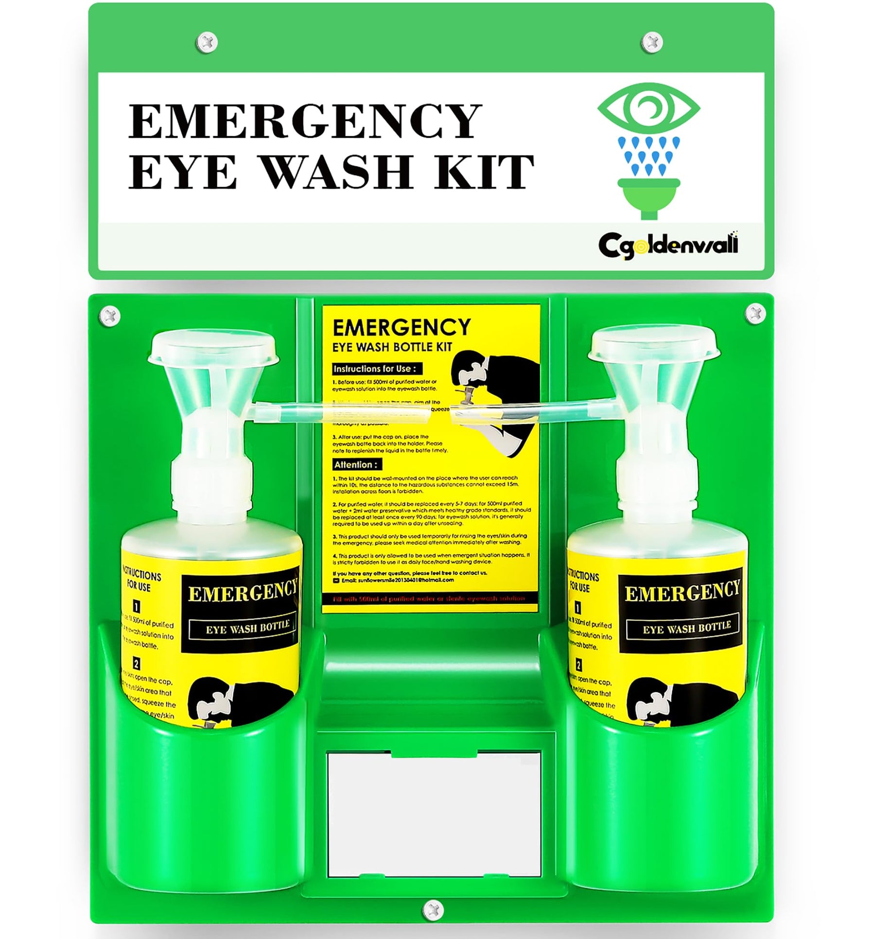Dual-Bottle Eyewash Station — Wall Mount with Mirror & Sign, 2 x 16.9 oz product photo
