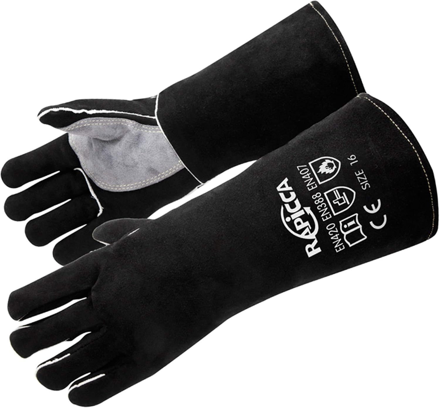 Rapicca 16-Inch MIG Welding Gloves — 662F Fireproof Leather, Black product photo