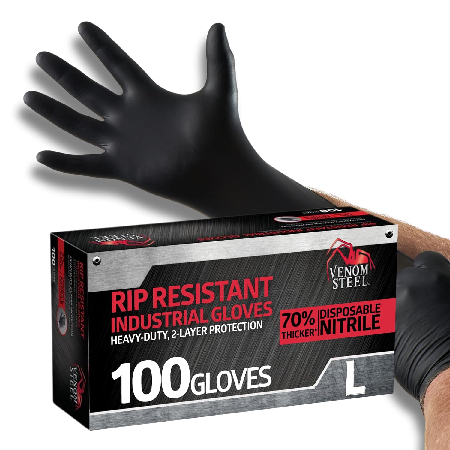 Venom Steel Double Layer Nitrile Gloves — 6 Mil Black, 2-Layer Rip-Resistant, Box of 100 product photo