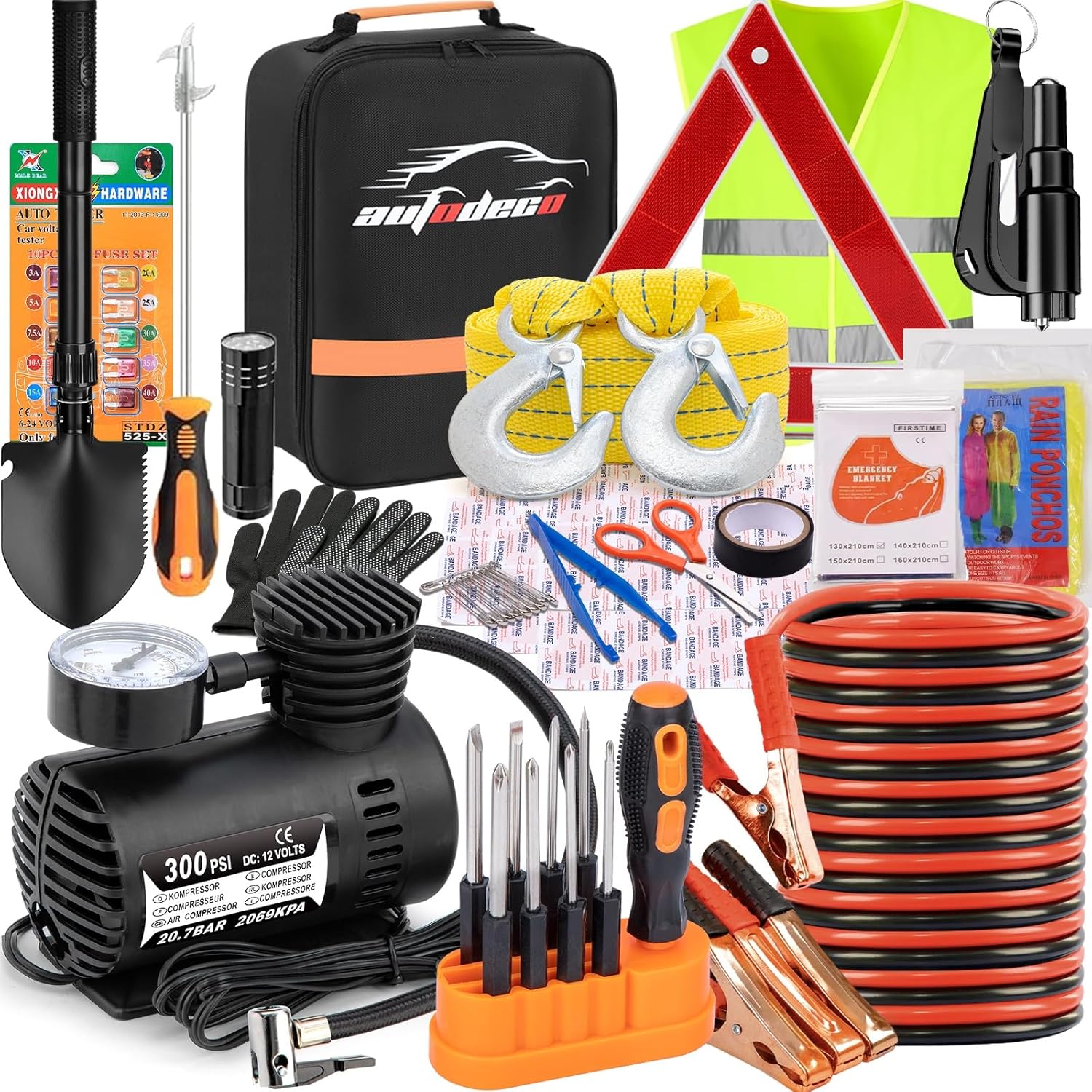 AUTODECO Car Emergency Roadside Assistance Kit with Jumper Cables and Tire Inflator product photo