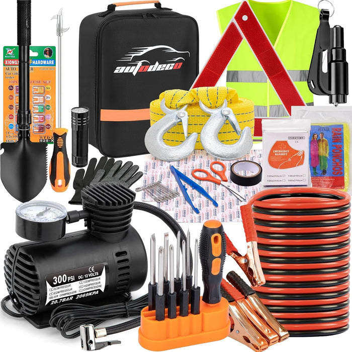AUTODECO Car Emergency Roadside Assistance Kit with Jumper Cables and Tire Inflator product photo