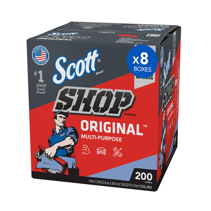 Scott 75190 Shop Towels Original, Blue, 9 x 12 in, Pop-Up Box, 200 Sheets per Box, 8 Boxes product photo