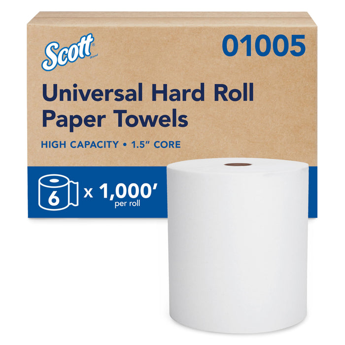 Scott 01005 Essential Universal High-Capacity Hard Roll Paper Towels, White, 1.5 in Core, 6 Rolls x 1,000 ft product photo