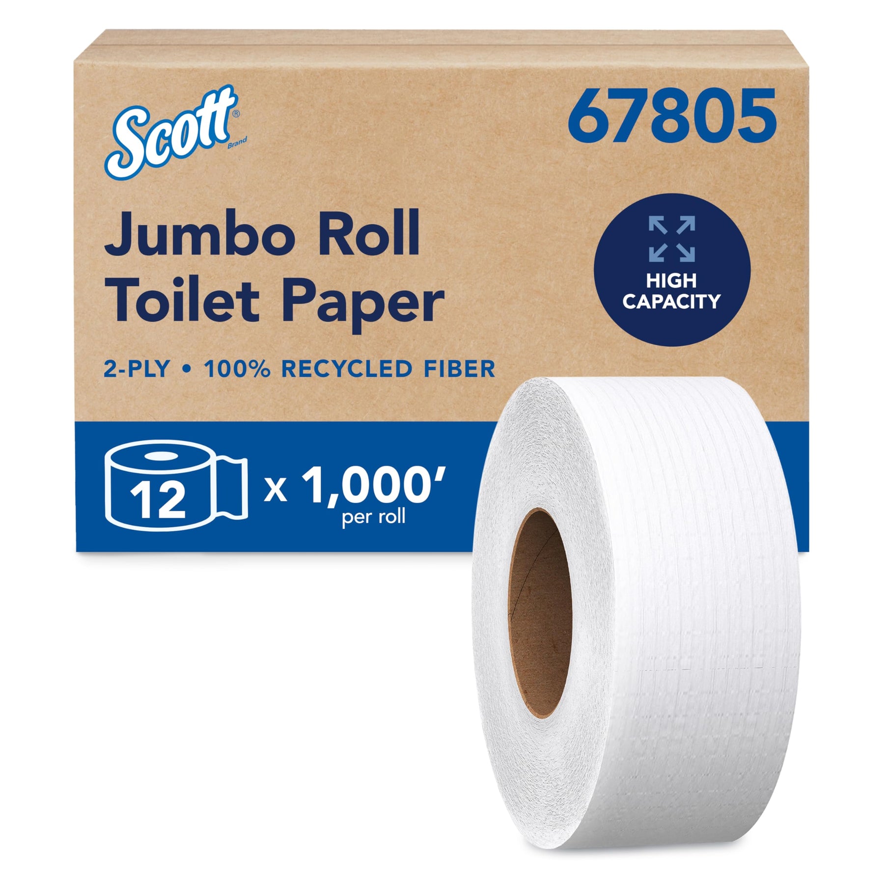 Scott 67805 100% Recycled Fiber Jumbo Roll Toilet Paper (JRT), 2-Ply, White, 1,000 ft per Roll, 12 Rolls product photo