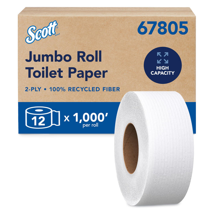 Scott 67805 100% Recycled Fiber Jumbo Roll Toilet Paper (JRT), 2-Ply, White, 1,000 ft per Roll, 12 Rolls product photo