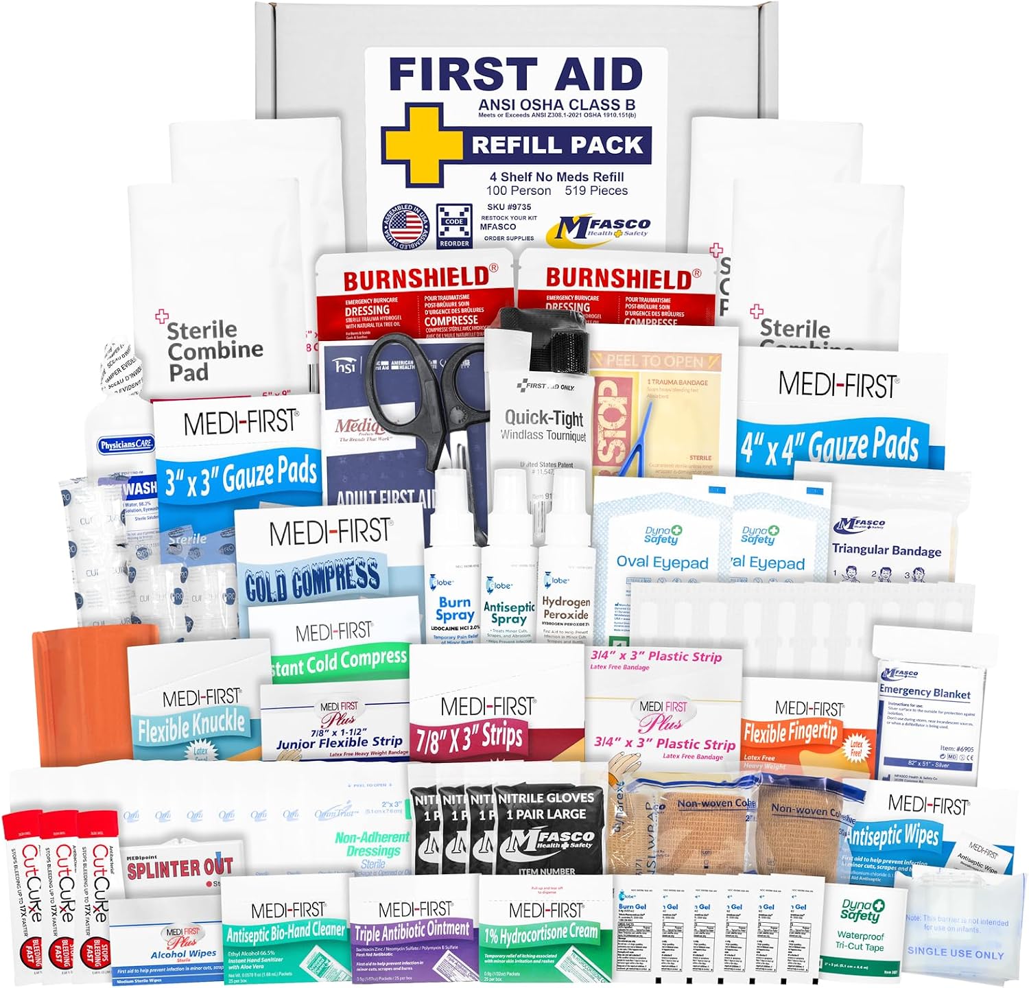 MFASCO First Aid Kit Refill for Workplace 4 Shelf Wall Cabinets, No Medications, 519 Piece product photo