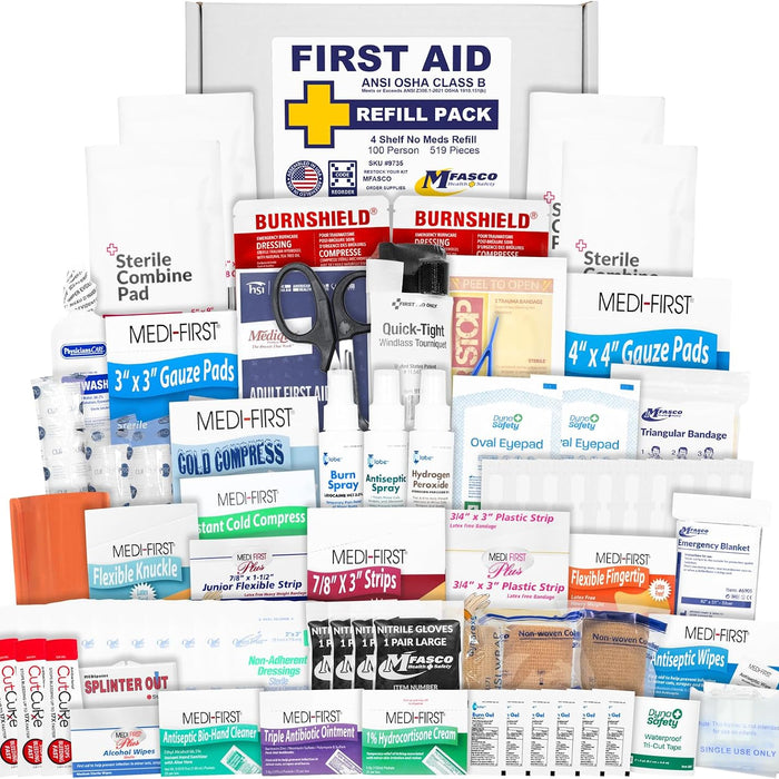 MFASCO First Aid Kit Refill for Workplace 4 Shelf Wall Cabinets, No Medications, 519 Piece product photo