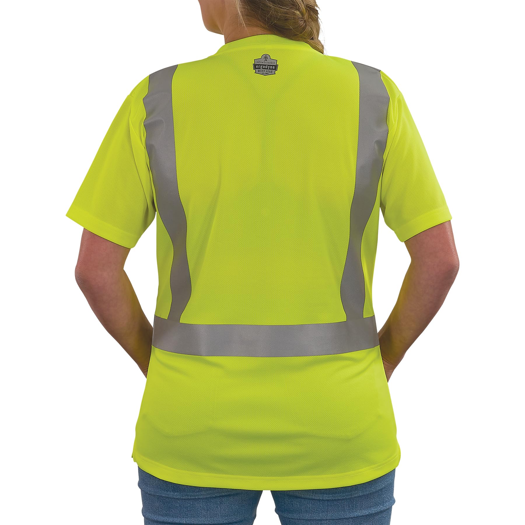 Ergodyne GloWear 8274 Women's Hi-Vis Type R Class 2 short-sleeve shirt in fluorescent lime yellow-green with retroreflective tape striping