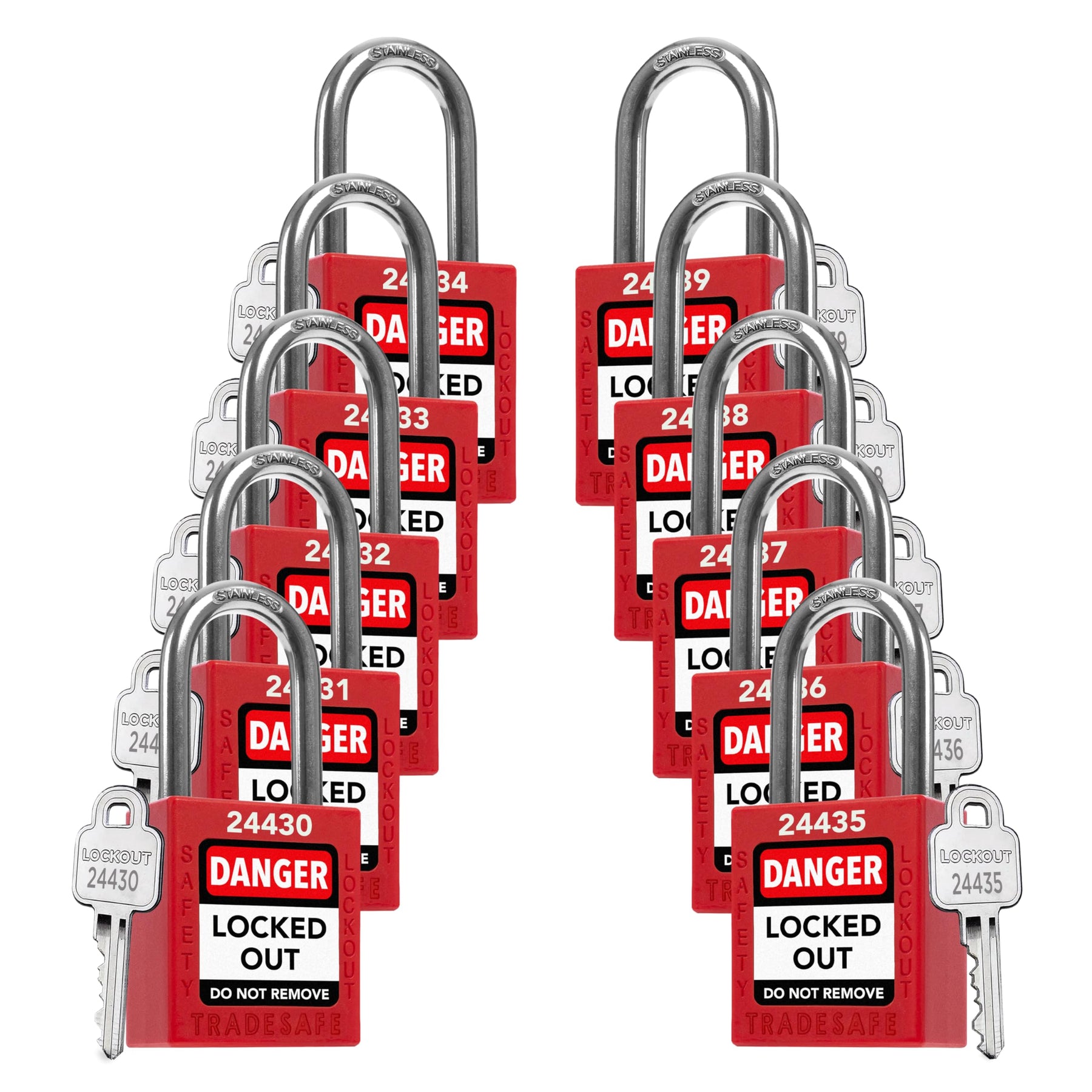 TRADESAFE TS1KD10R 10-pack of red aluminum keyed-different lockout tagout padlocks