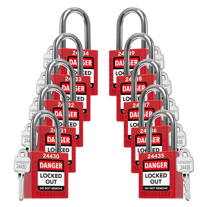 TRADESAFE TS1KD10R 10-pack of red aluminum keyed-different lockout tagout padlocks