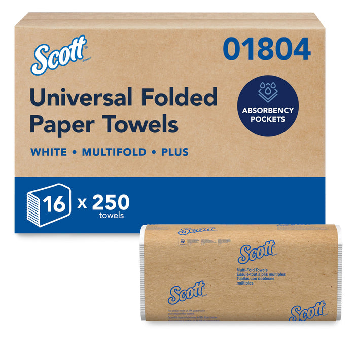 Scott 01804 Universal Multifold Paper Towels, White, 9.2 x 9.4 in, 250 Sheets per Pack, 16 Packs per Case product photo