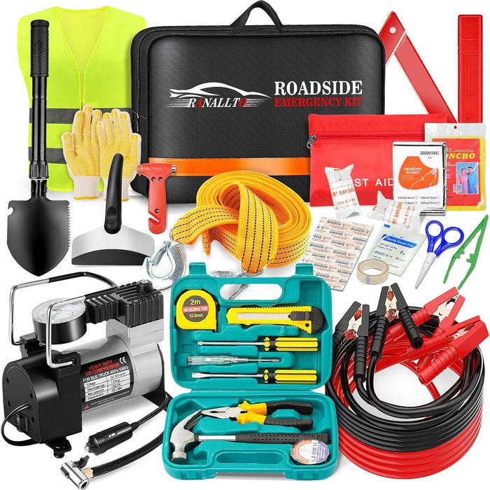 Ranallto Car Emergency Roadside Kit, Truck Road Side Safety Tool Kit with Air Compressor product photo