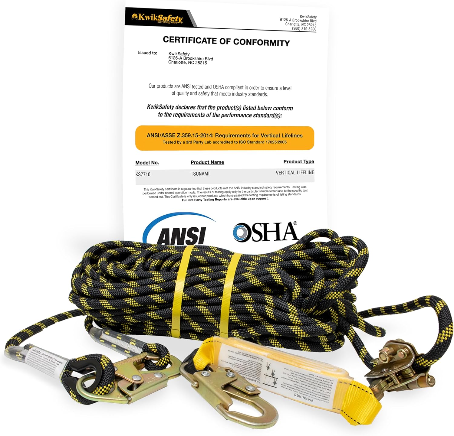KwikSafety TSUNAMI Vertical Lifeline Assembly — Braided Rope, Grab & Shock Absorber product photo