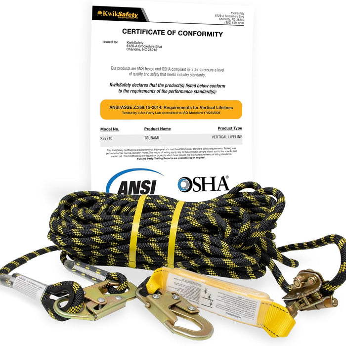 KwikSafety TSUNAMI Vertical Lifeline Assembly — Braided Rope, Grab & Shock Absorber product photo
