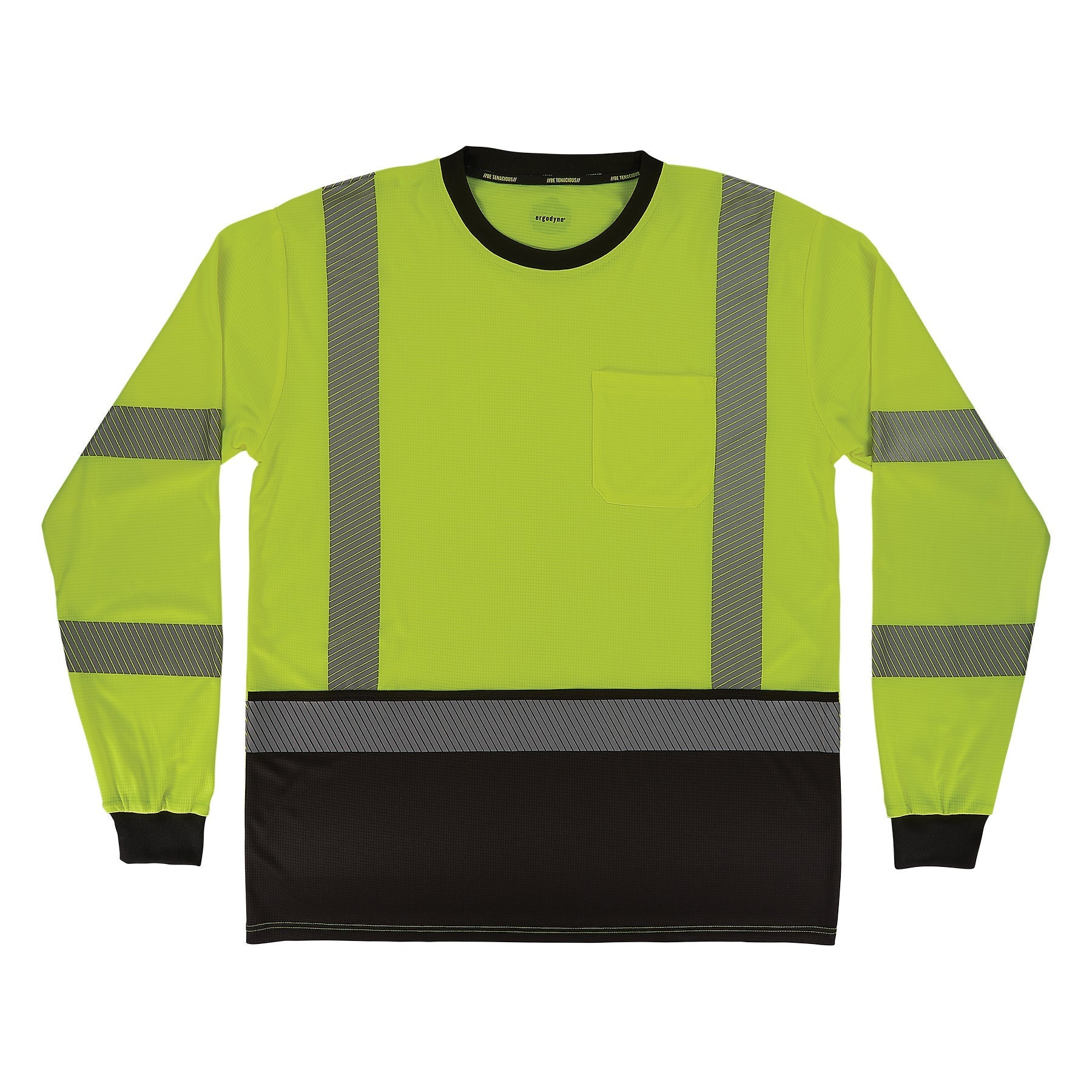 Ergodyne GloWear 8371BK Class 3 hi-vis long-sleeve performance shirt, lime with black front panel, front view
