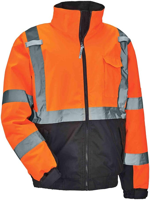 Ergodyne GloWear 8377 fluorescent orange Type R Class 3 hi-vis bomber jacket, front view