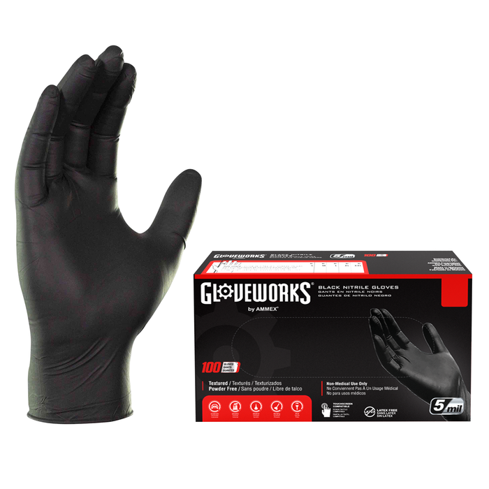 GLOVEWORKS Black 5 Mil Nitrile Gloves — Powder-Free, Food-Grade, Box of 100 (GPNB) product photo
